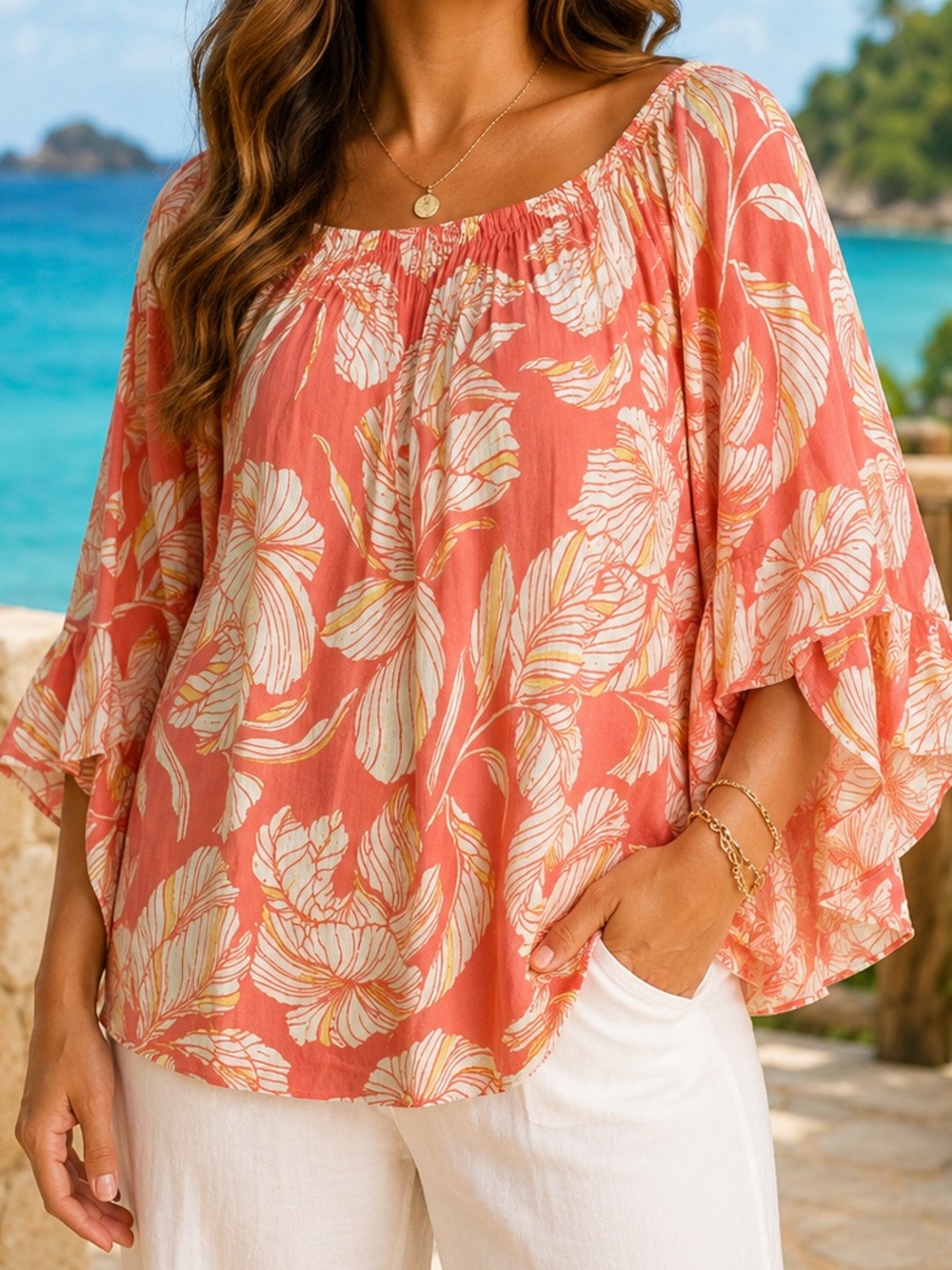 Mlle Gabrielle off-the-shoulder floral blouse xl orange white